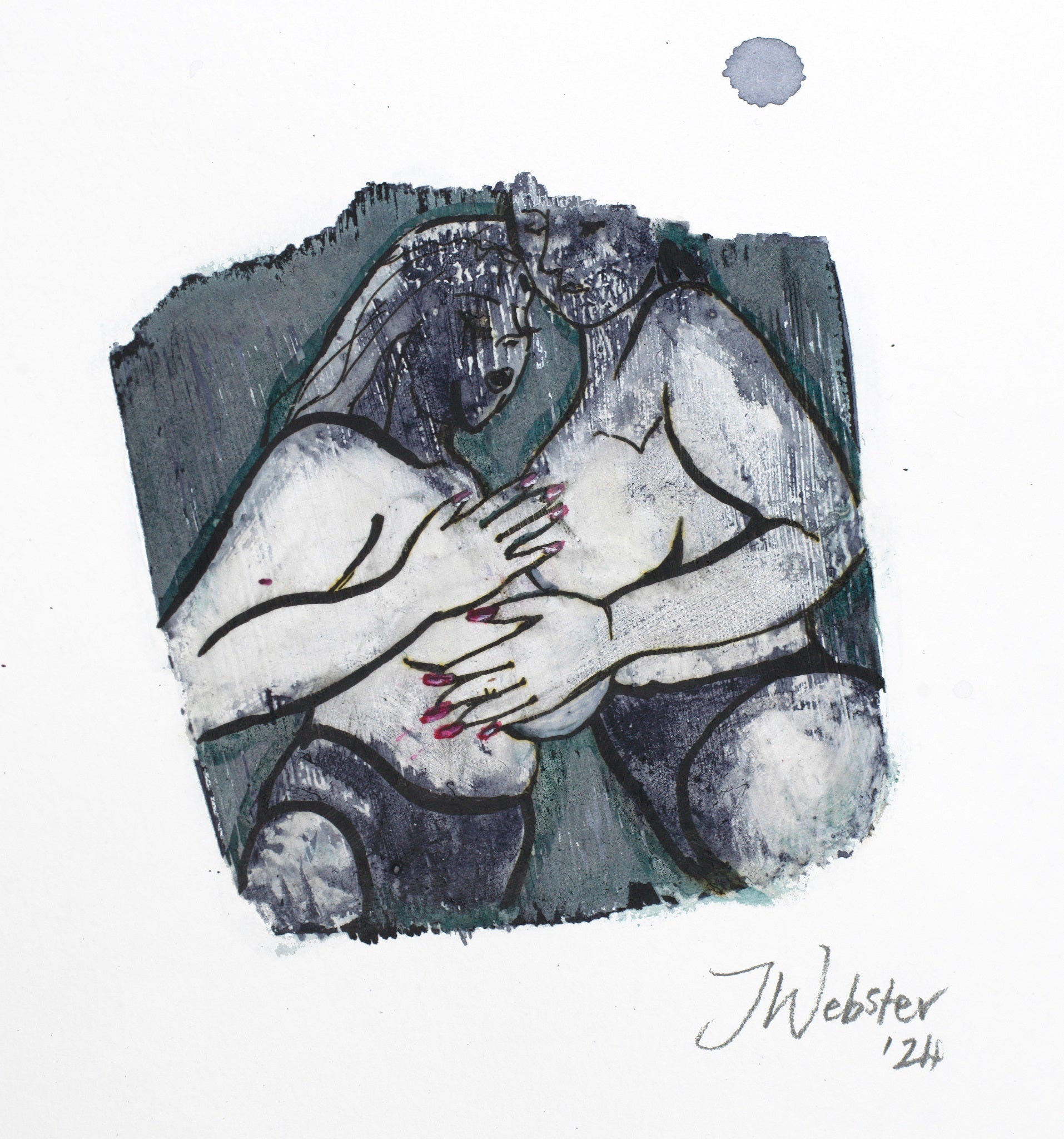 Miniature painting in ink of two woman in their underwear fondling each others breasts