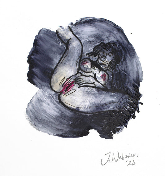 A miniature ink graphic artwork of a woman with her legs spread while she laughs or orgasms