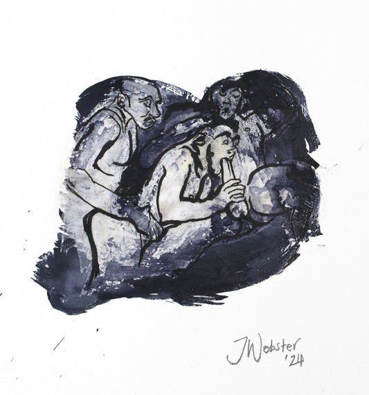 Miniature painting in black ink of three men engaged in sex and oral