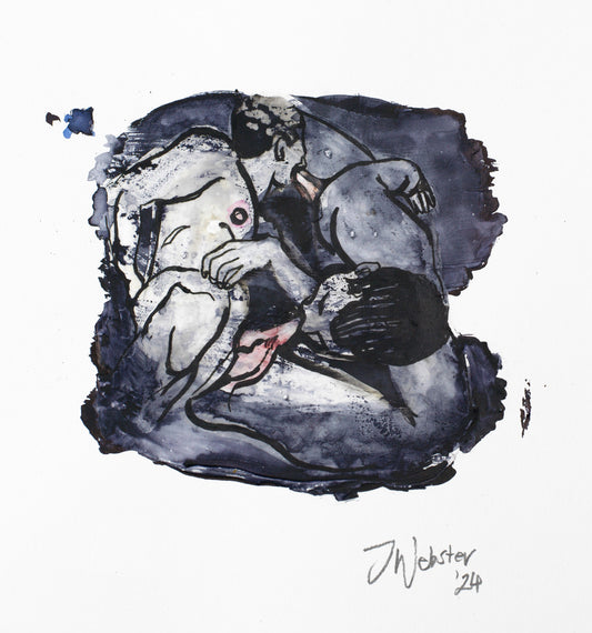 Semi-abstract miniature painting of two men in classic sixtynine oral sex positions