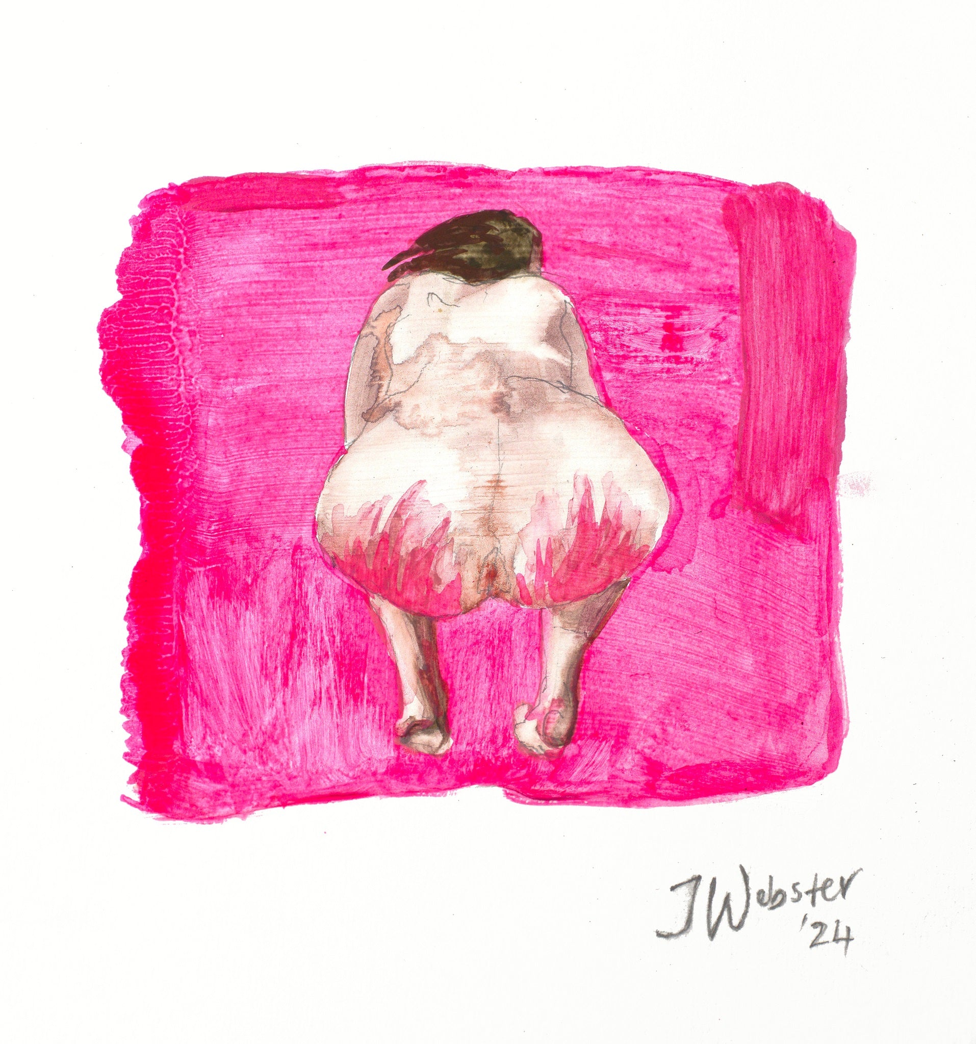 Miniature painting of a naked woman bent over with bright pink whipping marks on her buttocks against a lumo pink background