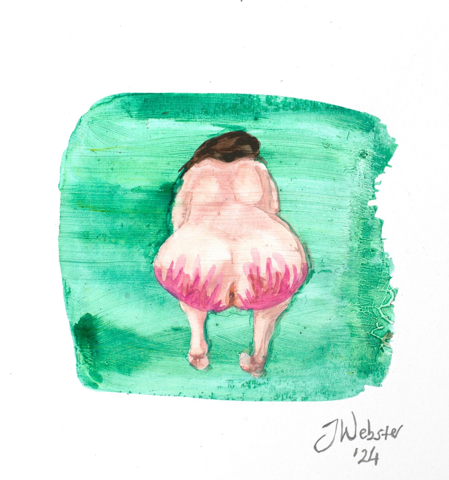 Miniature painting of a naked woman bent over with bright pink whipping marks on her buttocks against a green ink background