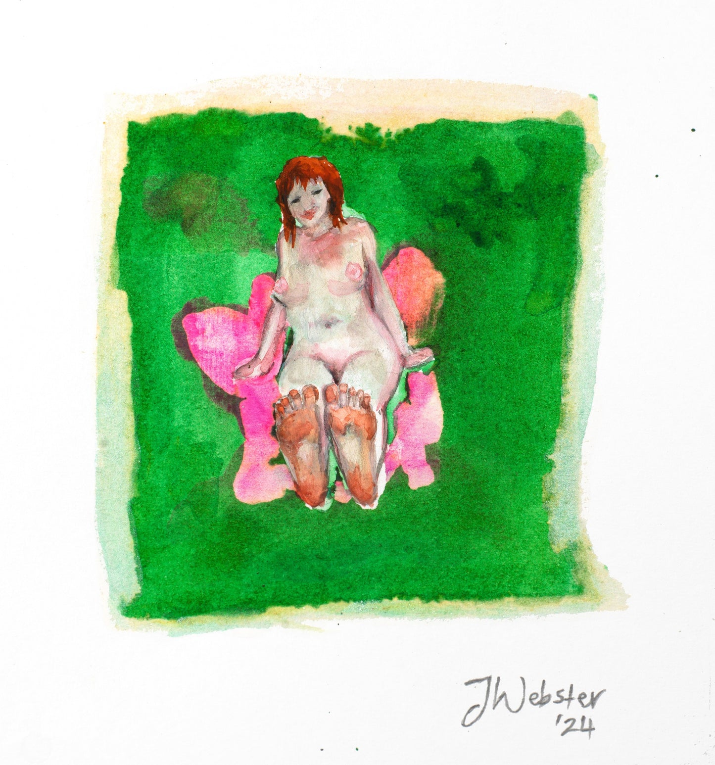 Miniature painting of a naked woman sitting with her bare feet in the foreground and a brilliant green and lumo pink background