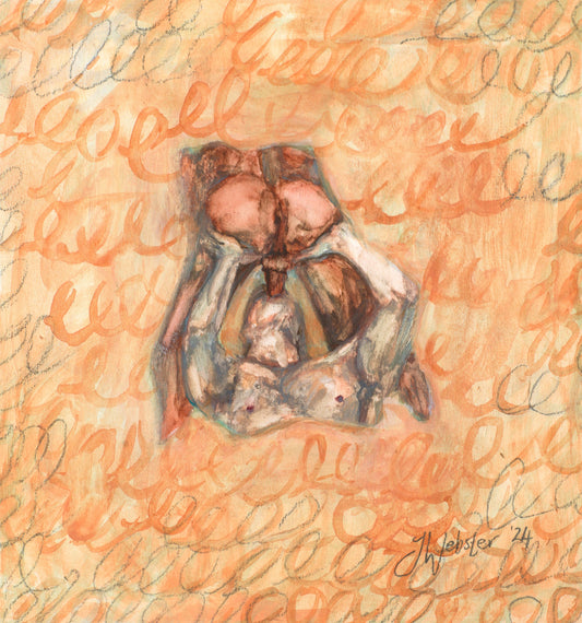 Miniature painting of two men engaged in oral sex against a flesh and orange background with scribbles and curclicue decoration