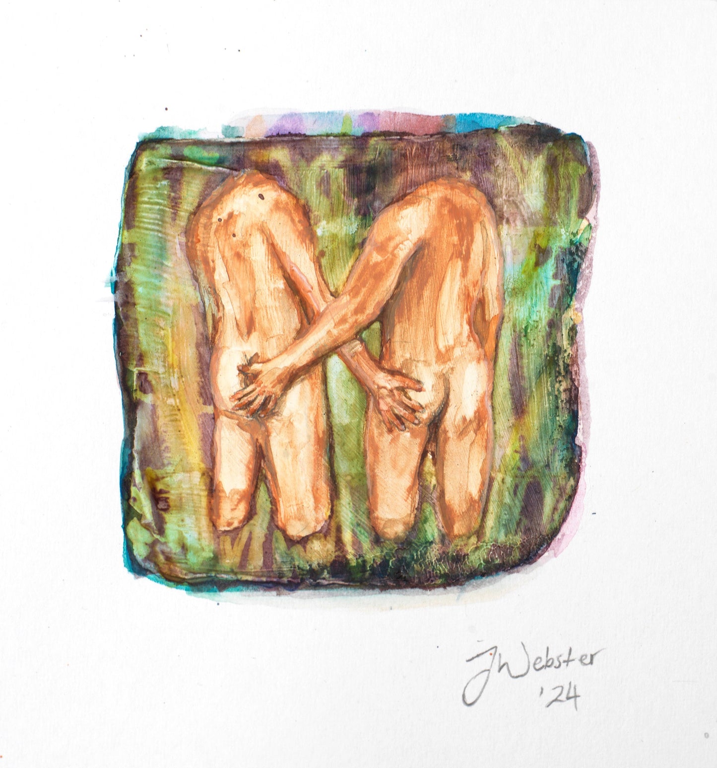 Miniature painting of softcore cute guys touching buttocks against a stripey colourful background